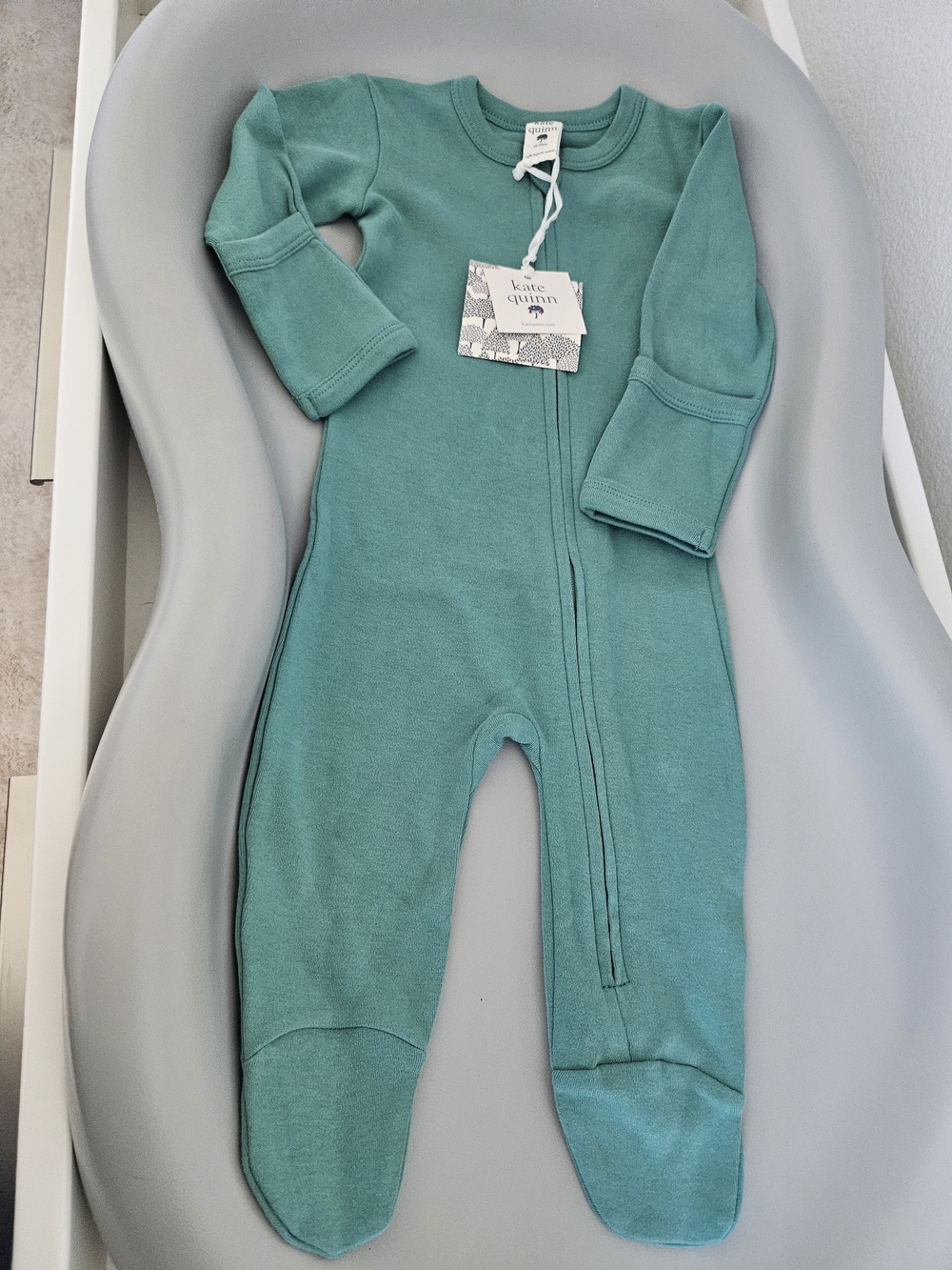 kate quinn teal zipper footie romper